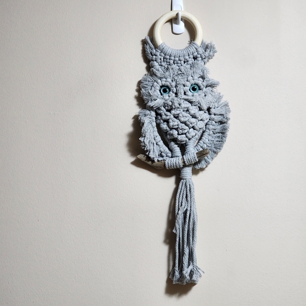 Rustic hand-made macrame wall hanging  owl decor color grey